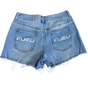 Forever 21 x FUBU Distressed Denim Shorts High Rise Cutoff Y2K Hip Hop Logo L